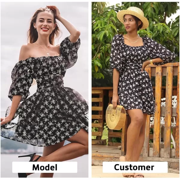 EXLURA Women's 2024 Summer Lantern Short Sleeve Tie Back Casual Dresses Square Neck Off Shoulder A-Line Vintage Mini Dress