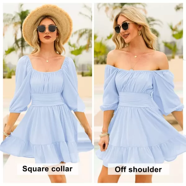 EXLURA Women's 2024 Summer Lantern Short Sleeve Tie Back Casual Dresses Square Neck Off Shoulder A-Line Vintage Mini Dress