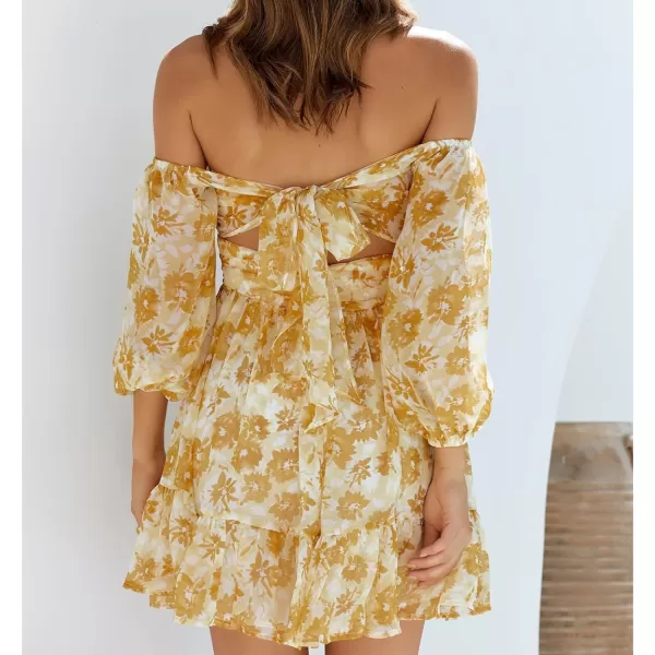EXLURA Women's 2024 Summer Lantern Short Sleeve Tie Back Casual Dresses Square Neck Off Shoulder A-Line Vintage Mini Dress