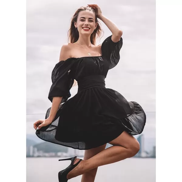 EXLURA Women's 2024 Summer Lantern Short Sleeve Tie Back Casual Dresses Square Neck Off Shoulder A-Line Vintage Mini Dress