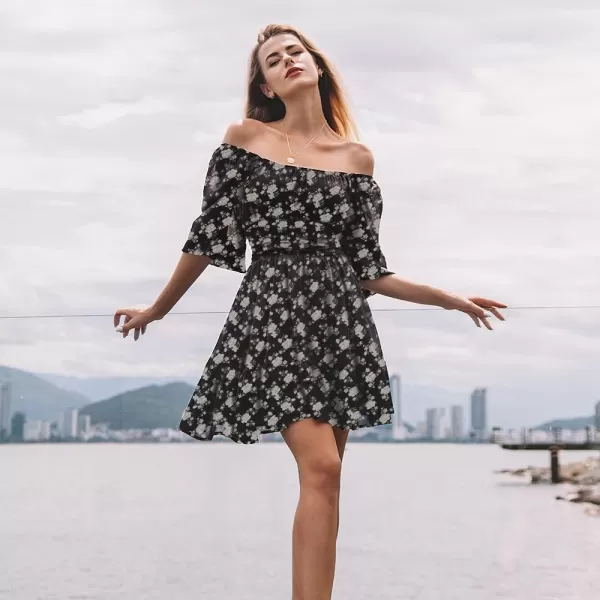 EXLURA Women's 2024 Summer Lantern Short Sleeve Tie Back Casual Dresses Square Neck Off Shoulder A-Line Vintage Mini Dress