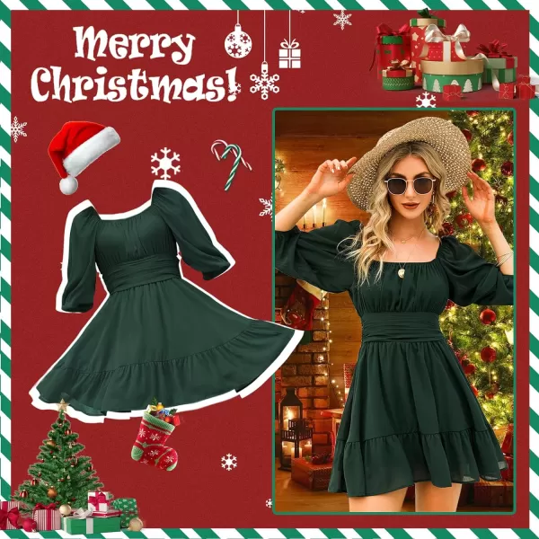 EXLURA Women's 2024 Summer Lantern Short Sleeve Tie Back Casual Dresses Square Neck Off Shoulder A-Line Vintage Mini Dress