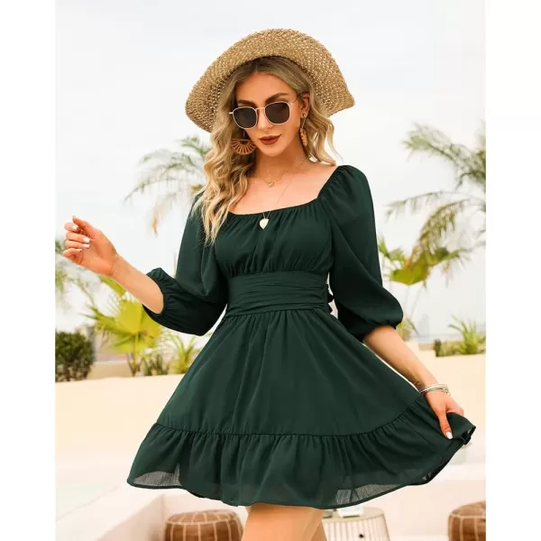 EXLURA Women's 2024 Summer Lantern Short Sleeve Tie Back Casual Dresses Square Neck Off Shoulder A-Line Vintage Mini Dress