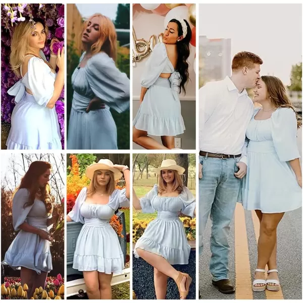 EXLURA Women's 2024 Summer Lantern Short Sleeve Tie Back Casual Dresses Square Neck Off Shoulder A-Line Vintage Mini Dress