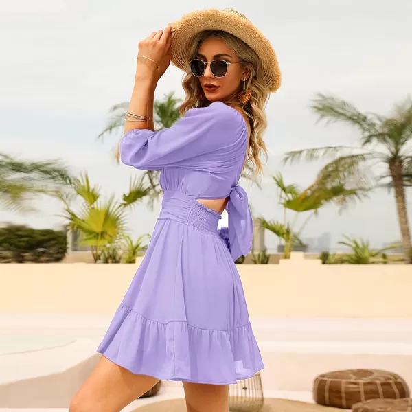 EXLURA Women's 2024 Summer Lantern Short Sleeve Tie Back Casual Dresses Square Neck Off Shoulder A-Line Vintage Mini Dress