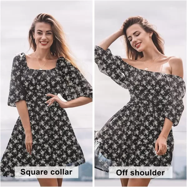 EXLURA Women's 2024 Summer Lantern Short Sleeve Tie Back Casual Dresses Square Neck Off Shoulder A-Line Vintage Mini Dress