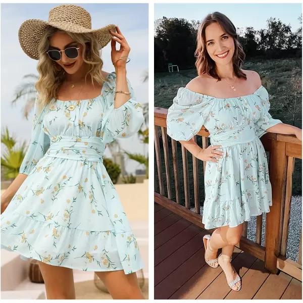 EXLURA Women's 2024 Summer Lantern Short Sleeve Tie Back Casual Dresses Square Neck Off Shoulder A-Line Vintage Mini Dress