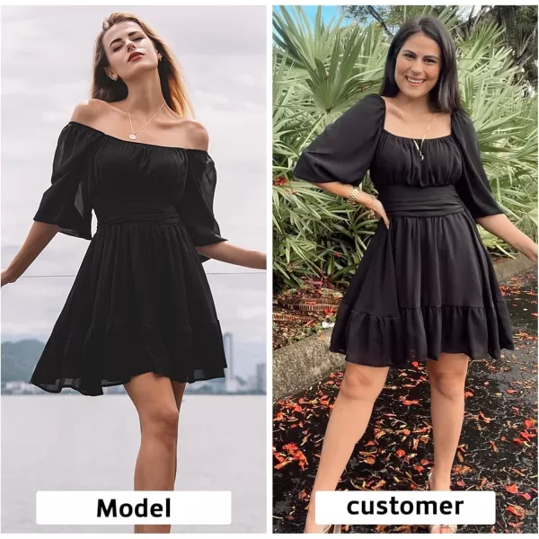 EXLURA Women's 2024 Summer Lantern Short Sleeve Tie Back Casual Dresses Square Neck Off Shoulder A-Line Vintage Mini Dress