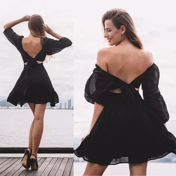 EXLURA Women's 2024 Summer Lantern Short Sleeve Tie Back Casual Dresses Square Neck Off Shoulder A-Line Vintage Mini Dress
