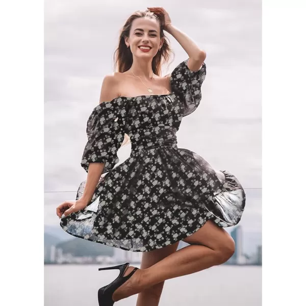 EXLURA Women's 2024 Summer Lantern Short Sleeve Tie Back Casual Dresses Square Neck Off Shoulder A-Line Vintage Mini Dress