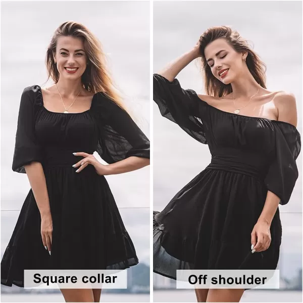EXLURA Women's 2024 Summer Lantern Short Sleeve Tie Back Casual Dresses Square Neck Off Shoulder A-Line Vintage Mini Dress