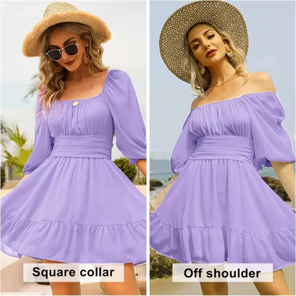 EXLURA Women's 2024 Summer Lantern Short Sleeve Tie Back Casual Dresses Square Neck Off Shoulder A-Line Vintage Mini Dress