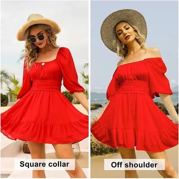EXLURA Women's 2024 Summer Lantern Short Sleeve Tie Back Casual Dresses Square Neck Off Shoulder A-Line Vintage Mini Dress