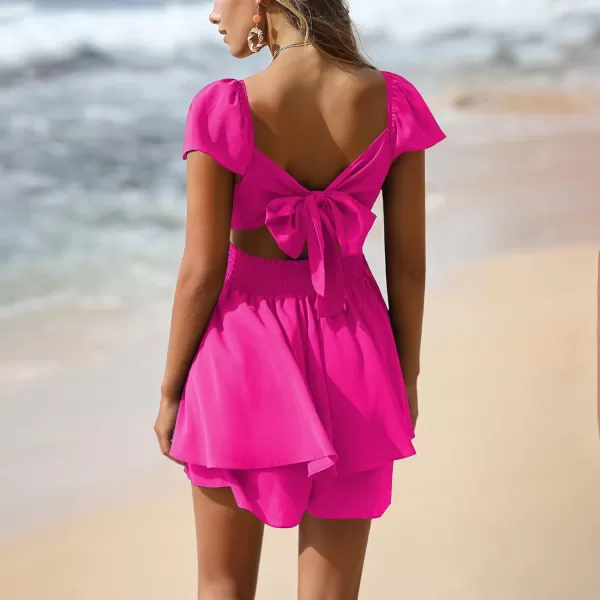 EXLURA Women's 2024 Summer Ruffle Short Sleeve Tie Back Romper Dress Square Neck A Line Cute Dressy Short Jumpsuits