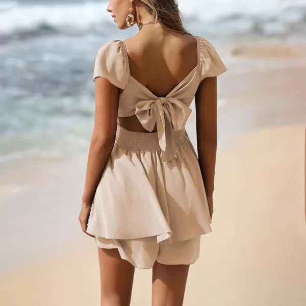 EXLURA Women's 2024 Summer Ruffle Short Sleeve Tie Back Romper Dress Square Neck A Line Cute Dressy Short Jumpsuits