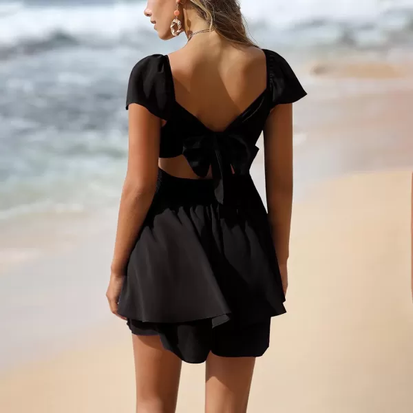 EXLURA Women's 2024 Summer Ruffle Short Sleeve Tie Back Romper Dress Square Neck A Line Cute Dressy Short Jumpsuits
