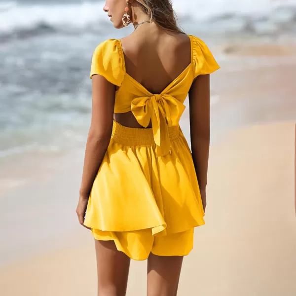 EXLURA Women's 2024 Summer Ruffle Short Sleeve Tie Back Romper Dress Square Neck A Line Cute Dressy Short Jumpsuits