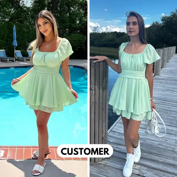 EXLURA Women's 2024 Summer Ruffle Short Sleeve Tie Back Romper Dress Square Neck A Line Cute Dressy Short Jumpsuits