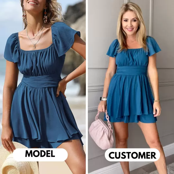 EXLURA Women's 2024 Summer Ruffle Short Sleeve Tie Back Romper Dress Square Neck A Line Cute Dressy Short Jumpsuits