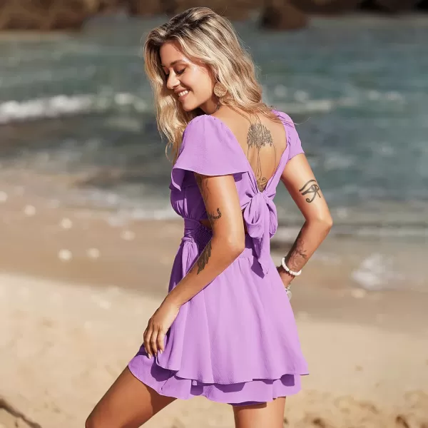 EXLURA Women's 2024 Summer Ruffle Short Sleeve Tie Back Romper Dress Square Neck A Line Cute Dressy Short Jumpsuits