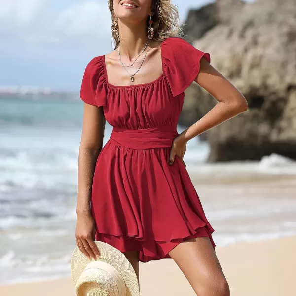 EXLURA Women's 2024 Summer Ruffle Short Sleeve Tie Back Romper Dress Square Neck A Line Cute Dressy Short Jumpsuits
