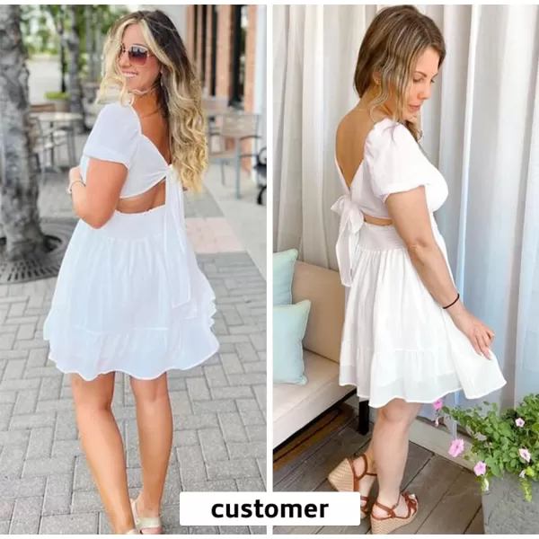 EXLURA Women's 2024 Summer Short Puff Sleeve Casual Short Mini Dresses Tie Back Square Neck A-Line Sundress