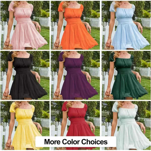 EXLURA Women's 2024 Summer Short Puff Sleeve Casual Short Mini Dresses Tie Back Square Neck A-Line Sundress