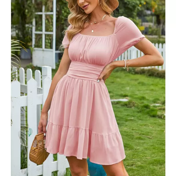 EXLURA Women's 2024 Summer Short Puff Sleeve Casual Short Mini Dresses Tie Back Square Neck A-Line Sundress