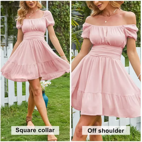 EXLURA Women's 2024 Summer Short Puff Sleeve Casual Short Mini Dresses Tie Back Square Neck A-Line Sundress