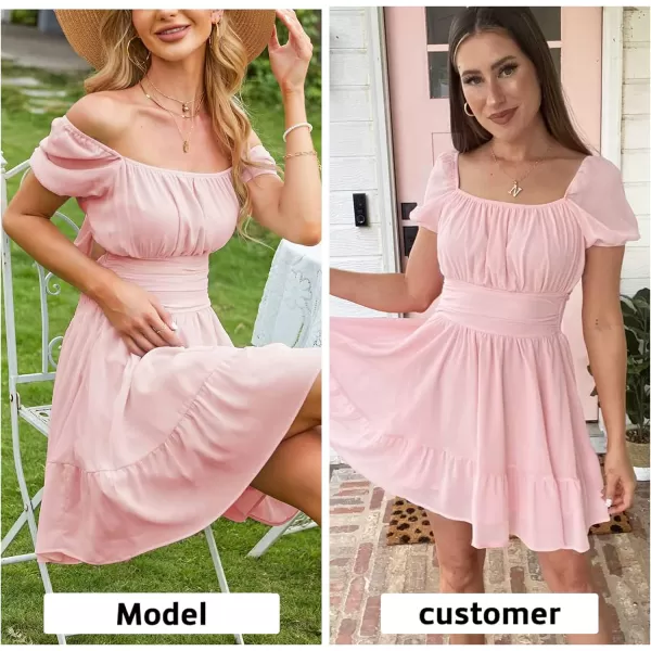 EXLURA Women's 2024 Summer Short Puff Sleeve Casual Short Mini Dresses Tie Back Square Neck A-Line Sundress