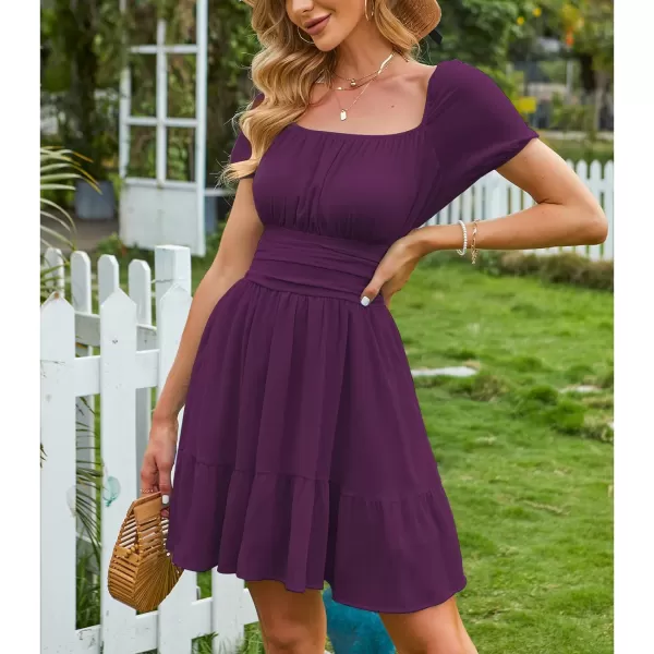 EXLURA Women's 2024 Summer Short Puff Sleeve Casual Short Mini Dresses Tie Back Square Neck A-Line Sundress