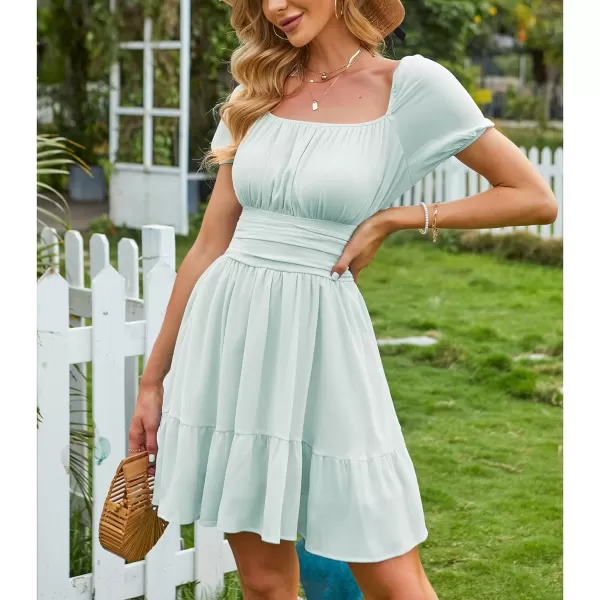 EXLURA Women's 2024 Summer Short Puff Sleeve Casual Short Mini Dresses Tie Back Square Neck A-Line Sundress