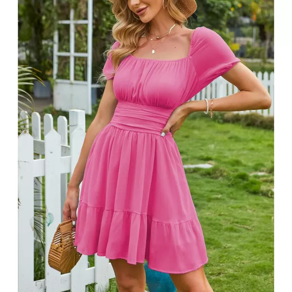 EXLURA Women's 2024 Summer Short Puff Sleeve Casual Short Mini Dresses Tie Back Square Neck A-Line Sundress