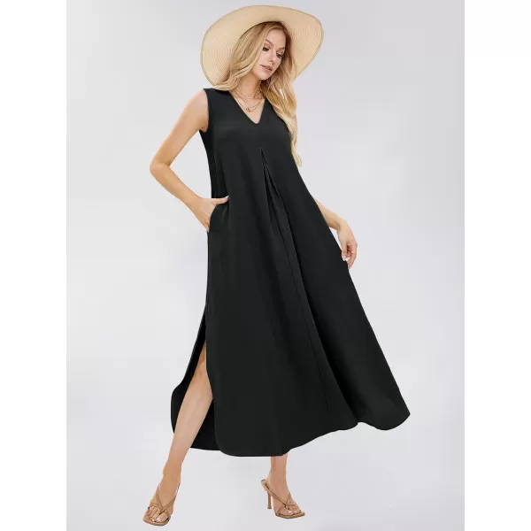 EXLURA Womens 2024 V Neck Sleeveless Summer Beach Dress Tank Split Maxi Cover Up Boho Dresses with Pockets