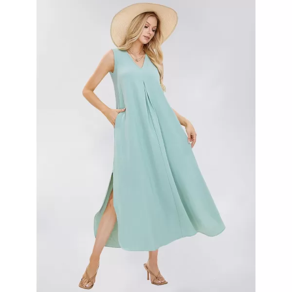 EXLURA Womens 2024 V Neck Sleeveless Summer Beach Dress Tank Split Maxi Cover Up Boho Dresses with Pockets