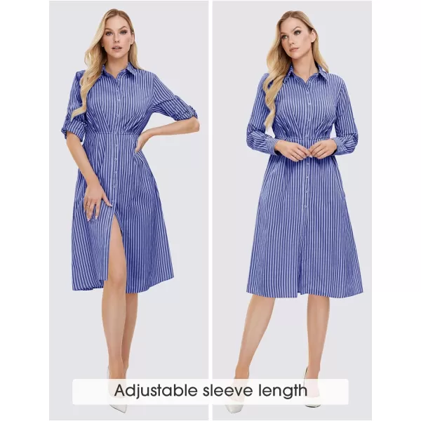 EXLURA Women's Casual Spring Long Sleeve Button Down Striped Midi Shirt Dress Elastic Waist Work Outfit