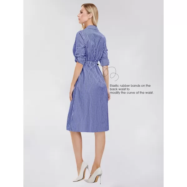 EXLURA Women's Casual Spring Long Sleeve Button Down Striped Midi Shirt Dress Elastic Waist Work Outfit