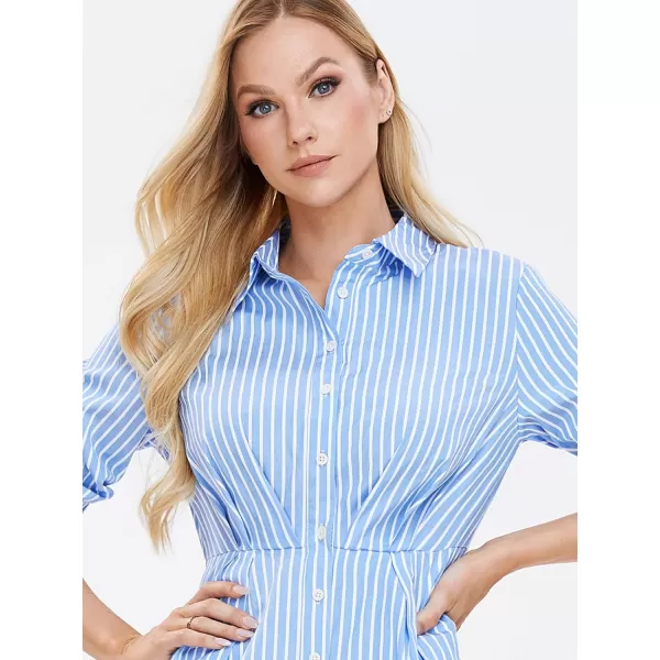 EXLURA Women's Casual Spring Long Sleeve Button Down Striped Midi Shirt Dress Elastic Waist Work Outfit
