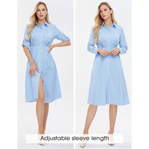 EXLURA Women's Casual Spring Long Sleeve Button Down Striped Midi Shirt Dress Elastic Waist Work Outfit