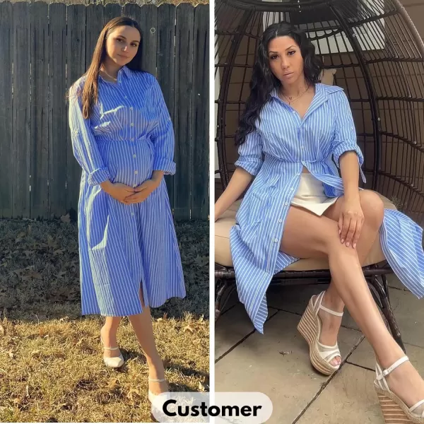 EXLURA Women's Casual Spring Long Sleeve Button Down Striped Midi Shirt Dress Elastic Waist Work Outfit