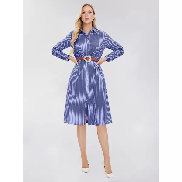 EXLURA Women's Casual Spring Long Sleeve Button Down Striped Midi Shirt Dress Elastic Waist Work Outfit