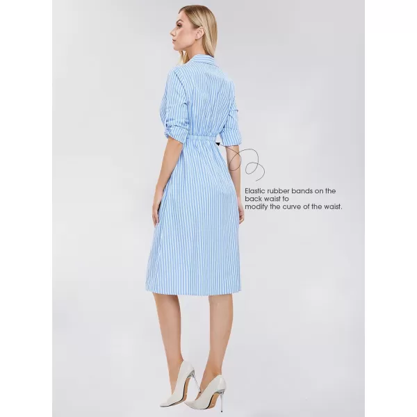 EXLURA Women's Casual Spring Long Sleeve Button Down Striped Midi Shirt Dress Elastic Waist Work Outfit