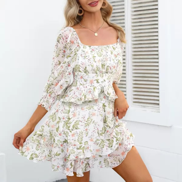 EXLURA Womens Floral Ruffle Sun Dress Sundress Tiered Square Neck Long Sleeve Off Shoulder Smocked Skater Mini Dress