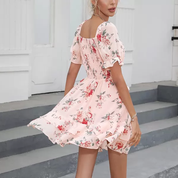 EXLURA Womens Floral Ruffle Sun Dress Sundress Tiered Square Neck Long Sleeve Off Shoulder Smocked Skater Mini Dress