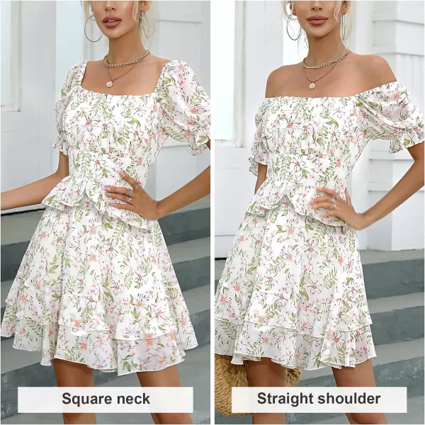 EXLURA Womens Floral Ruffle Sun Dress Sundress Tiered Square Neck Long Sleeve Off Shoulder Smocked Skater Mini Dress