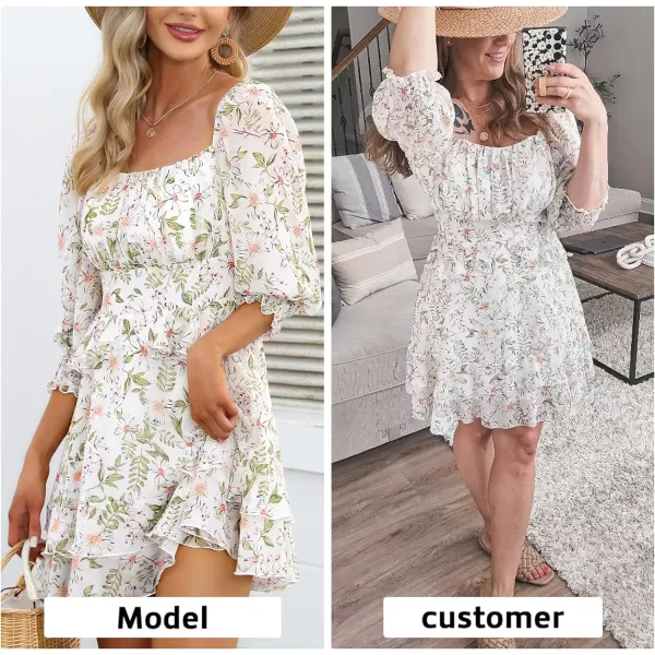 EXLURA Womens Floral Ruffle Sun Dress Sundress Tiered Square Neck Long Sleeve Off Shoulder Smocked Skater Mini Dress