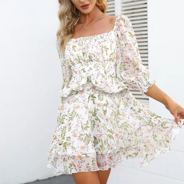 EXLURA Womens Floral Ruffle Sun Dress Sundress Tiered Square Neck Long Sleeve Off Shoulder Smocked Skater Mini Dress
