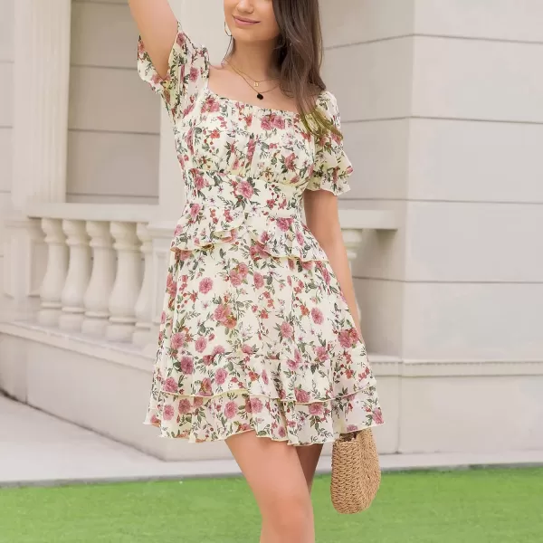 EXLURA Womens Floral Ruffle Sun Dress Sundress Tiered Square Neck Long Sleeve Off Shoulder Smocked Skater Mini Dress