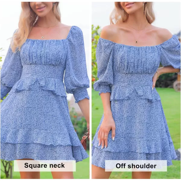 EXLURA Womens Floral Ruffle Sun Dress Sundress Tiered Square Neck Long Sleeve Off Shoulder Smocked Skater Mini Dress