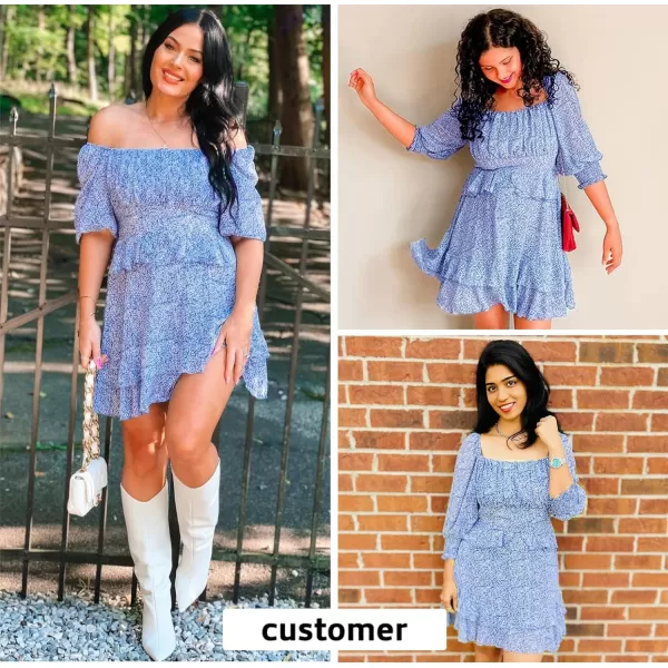 EXLURA Womens Floral Ruffle Sun Dress Sundress Tiered Square Neck Long Sleeve Off Shoulder Smocked Skater Mini Dress